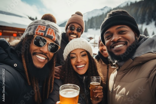 A happy and diverse group of young men and women, donned in winter attire, posing for a photo during a ski vacation in the mountains while enjoying alcoholic beverages and having a great time.