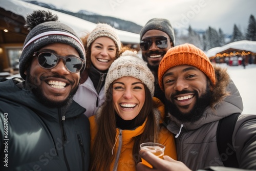 A happy and diverse group of young men and women  donned in winter attire  posing for a photo during a ski vacation in the mountains while enjoying alcoholic beverages and having a great time.