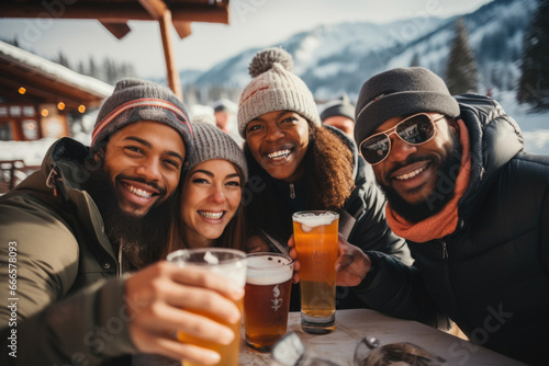 A happy and diverse group of young men and women, donned in winter attire, posing for a photo during a ski vacation in the mountains while enjoying alcoholic beverages and having a great time. photo