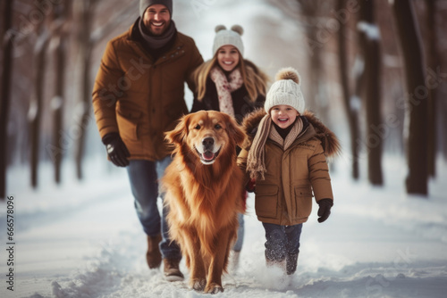 A joyful family taking a winter walk with their pet golden retriever in the forest during the holiday season.