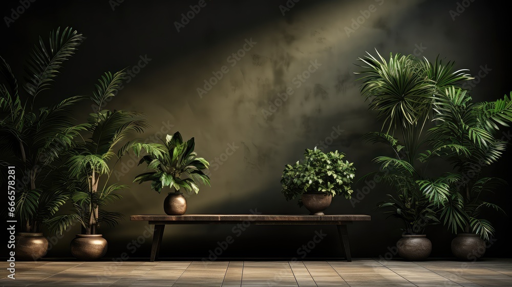 Fototapeta premium A dark wall empty room with plants on a floor.