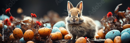 Easter background with bunny and colorful painted eggs