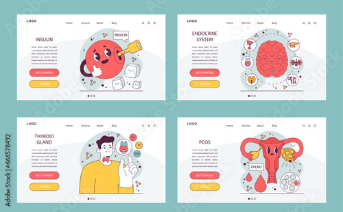 Endocrine system organs and disease web banner or landing page. Human pituitary