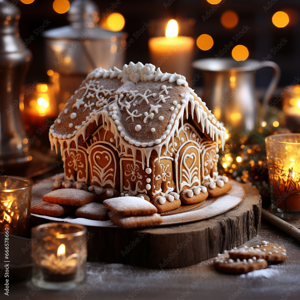 Homemade Christmas gingerbread house on the table. Christmas card
