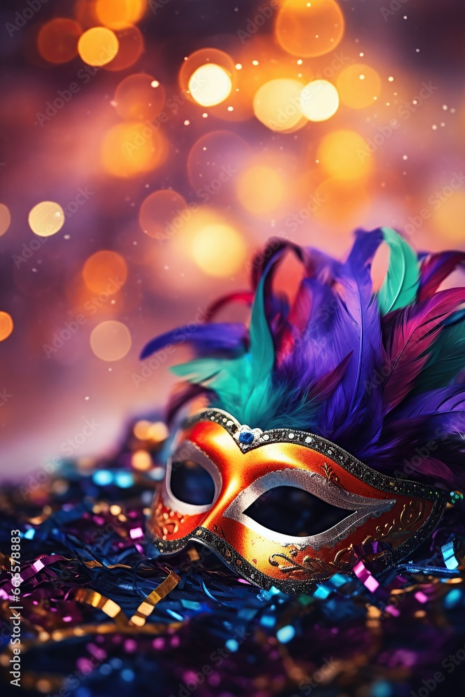Close up carnival mask with colorful feathers background. Copy space