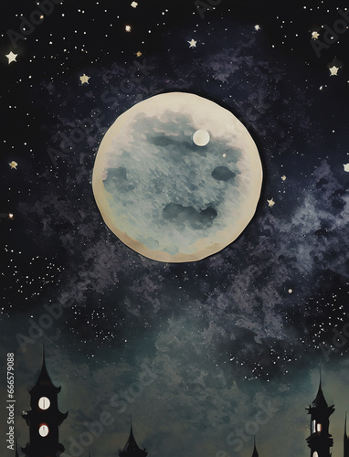 illustrazione di cielo notturno con stelle e una grande luminosa luna piena, profili di torri e guglie photo