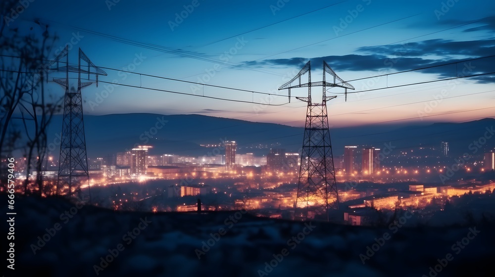 High power electricity poles in urban area. Energy supply, distribution of energy, transmitting energy, energy transmission, high voltage supply concept