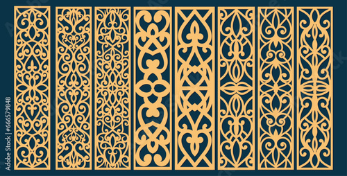 Set of laser cut templates with geometric pattern. For metal cutting, wood carving, panel decor, paper art, stencil or die for fretwork, card background design. Vctor illustration