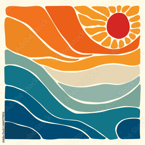 Hand draw sunset on sea lanscape panorama. Organic doodle shapes matisse style, naive art, contemporary backgrounds. beach and mountains vector illustration
