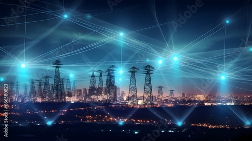 High power electricity poles in urban area connected to smart grid. Energy supply, distribution of energy, transmitting energy, energy transmission, high voltage supply concept photo