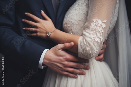 Wedding, love and couple hug with ring, happiness and celebration for life partnership, bond and union at ceremony event, Happy, diamond wedding ring and hands of woman, girl or partner embrace man