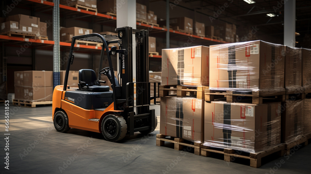 A forklift lifting a loaded pallet with heavy machinery boxes, showcasing the versatility of warehouse equipment. 