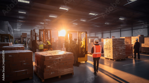 Workers in reflective vests loading boxes onto pallets under the glow of bright overhead lights in a well-organized warehouse.  photo
