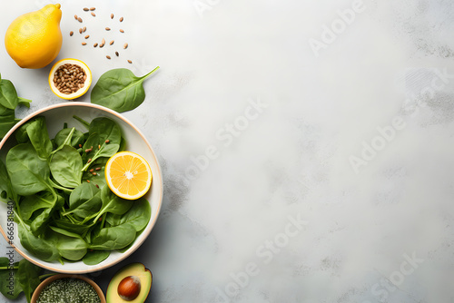 healthy vegan lunch bowl. Avocado, quinoa, green peas and radish vegetables salad. Top view