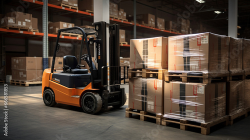 A forklift lifting a loaded pallet with heavy machinery boxes, showcasing the versatility of warehouse equipment.  photo