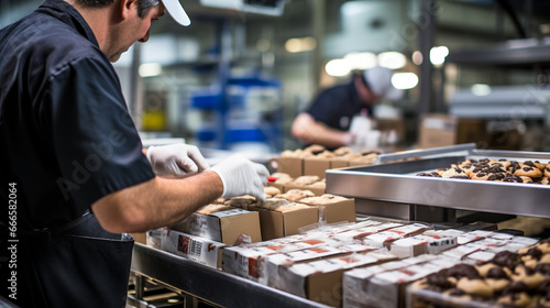 Fotografia Boxes of freshly baked goods being expertly placed into cartons by a worker on a conveyor belt, capturing the art of food packaging