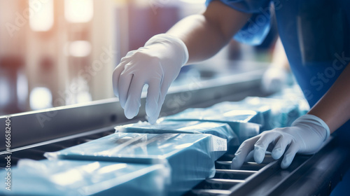 Hands of a worker placing packaged medical equipment into boxes on a conveyor belt, part of the healthcare supply chain.  photo