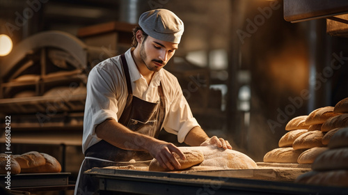 Worker in a bakery efficiently packing boxes with freshly baked bread on a conveyor belt  emphasizing the art of bread production. 
