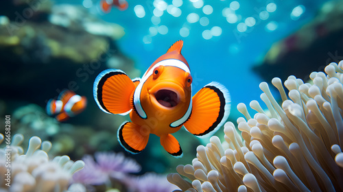 Bright orange clownfish swims near white sea anemone in clear blue ocean water, looking vibrant and lively