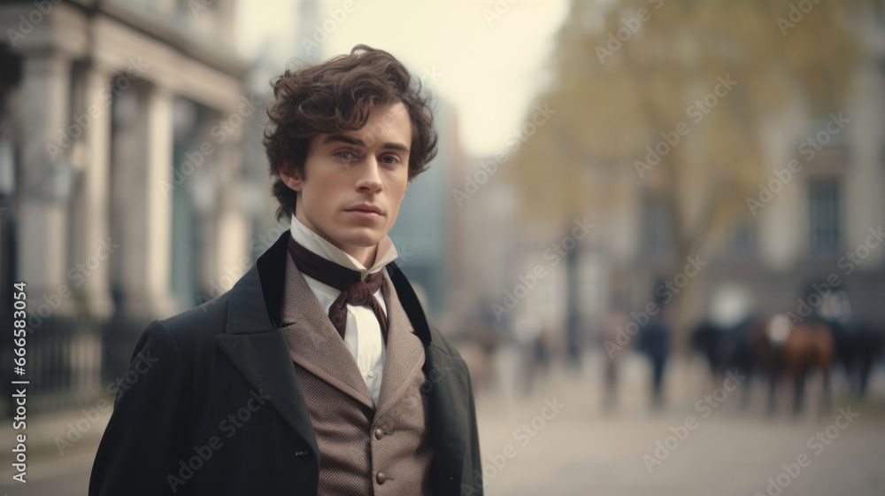 Portrait of a 19th century young British gentleman standing on the britain city street Portrait of a 19th century young British gentleman standing on the britain city street