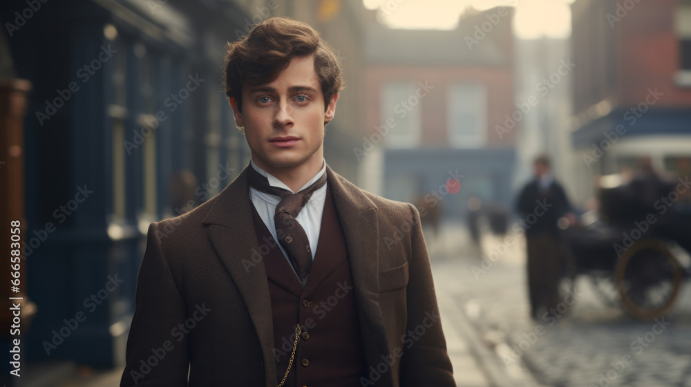 Fototapeta premium Portrait of a 19th century young British gentleman standing on the britain city street