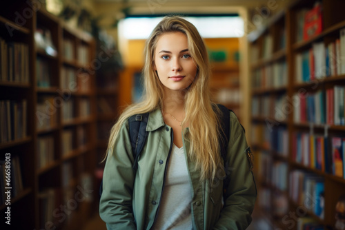 Waist up portrait of young woman with backpack standing in library and looking at camera, copy space