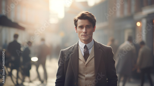 Portrait of a 19th century young British gentleman standing on the britain city street photo
