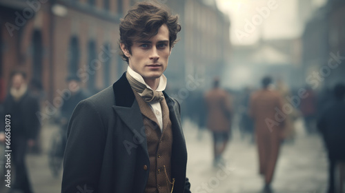 Fototapeta Naklejka Na Ścianę i Meble -  Portrait of a 19th century young British gentleman standing on the britain city street