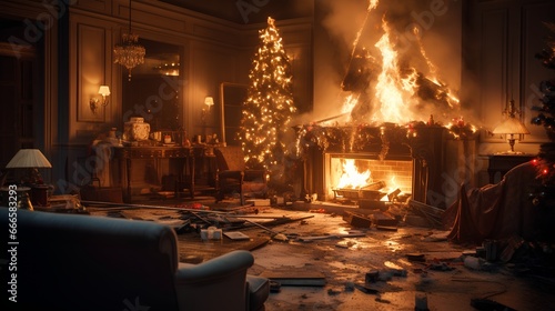 Dramatic image with burning Christmas tree in living room with flames. House with burning decorations disaster. Importance of fire safety during the holiday season when using candles in dry fir. photo