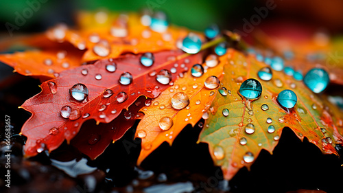 A bright and colorful autumn leaf covered with raindrops.