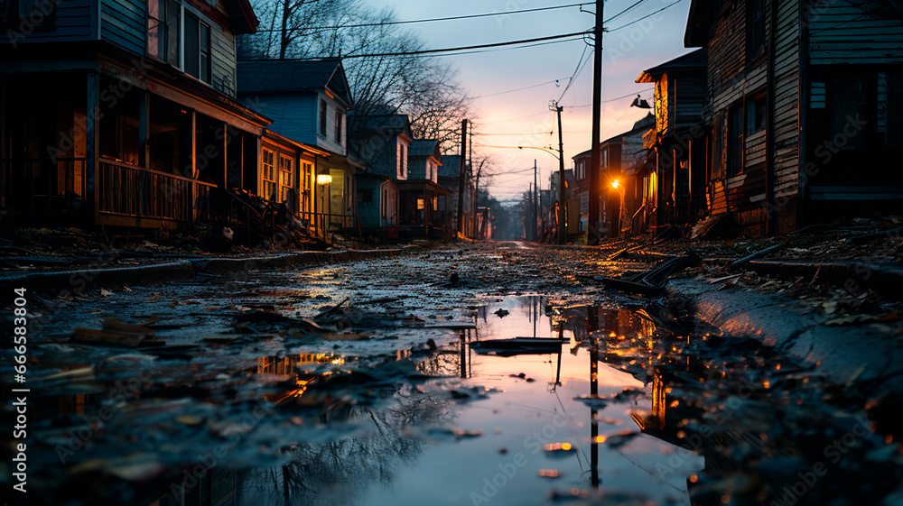 A puddle in the street reflecting the surrounding landscape, such as buildings, trees or lampposts. A puddle in the street reflecting the surrounding landscape, such as buildings, trees or lampposts.