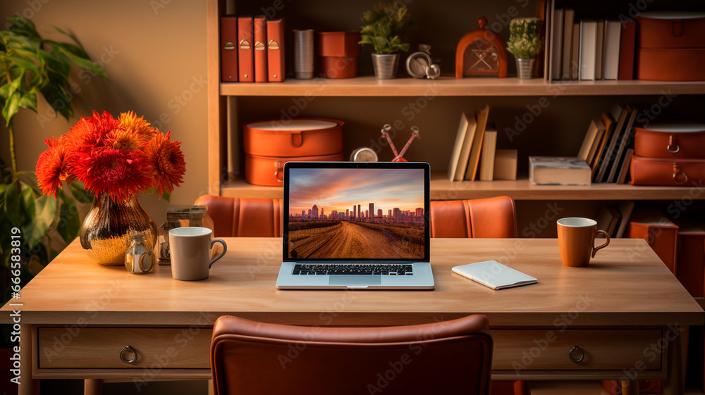 A glossy, polished wood desk with an open laptop in the center. There is a coffee mug next to a leather notepad, where a sleek pen rests. The wall calendar has important dates marked on it and well-or