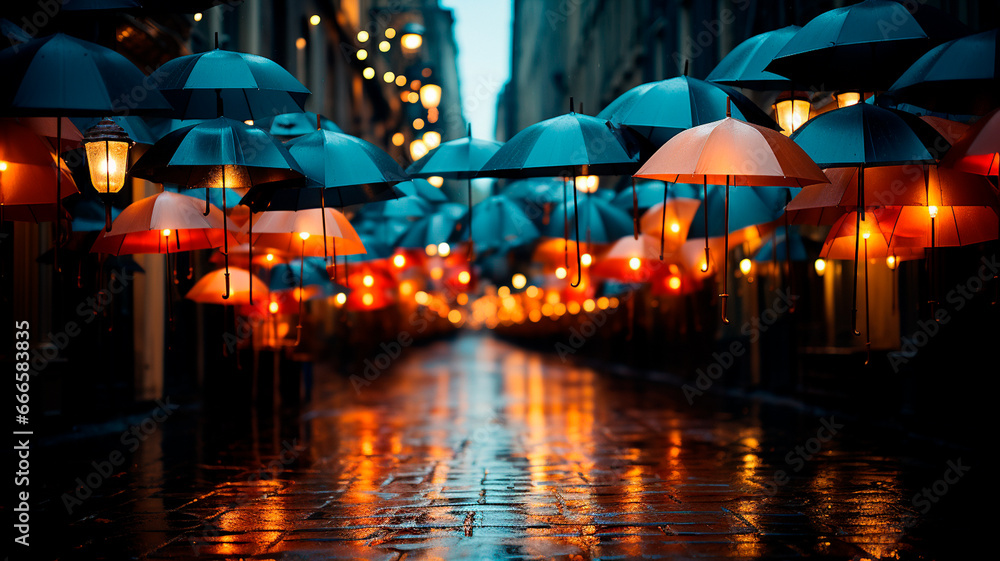 A photo of several umbrellas open in the rain, each of a different color.