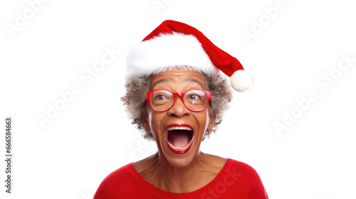 Close up portrait of mature black woman wearing Santa Claus hat during Christmas. Transparent background or PNG file. Generated by AI 