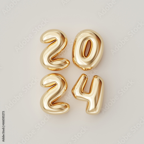 2024 New Year, Golden font 3D render image. Unique, trendy and luxurious numbers. Foil balloon text effect on cream color background.