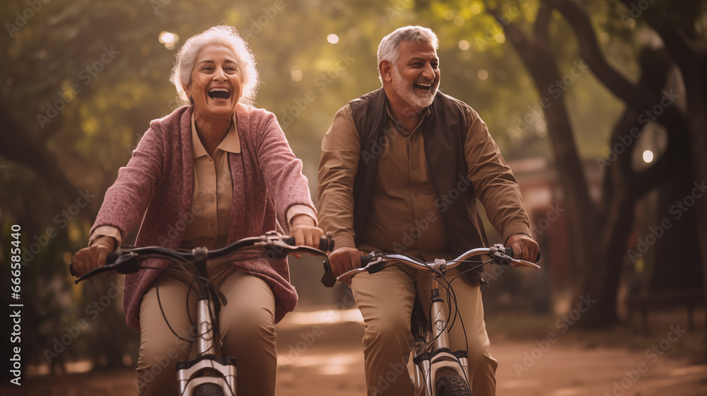Joyful Indian Senior Couple Enjoying a Park Stroll with Bicycles Stock ...