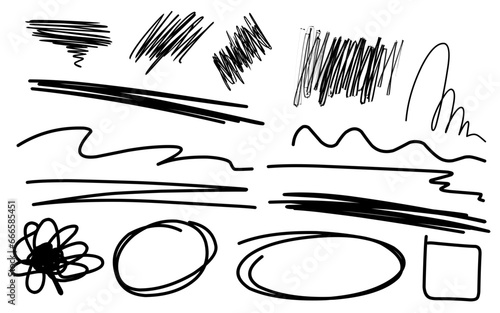 Hand drawn underlines on white. Abstract backgrounds with array of lines. Stroke chaotic shapes. Black and white illustration. Sketchy elements for posters and flyers