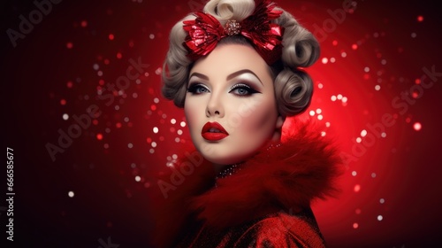 Creative women's festive New Year's Christmas winter look: makeup and styling. It is snowing