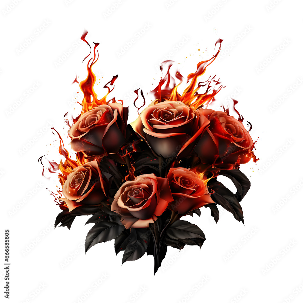 Red rose flowers bouquet burning with fire flames isolated on ...