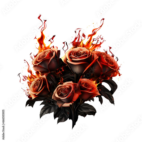Red rose flowers bouquet burning with fire flames isolated on transparent background. Generative AI