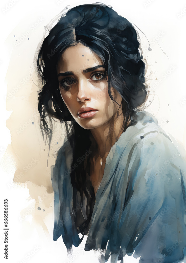 Φωτογραφία watercolor portrait of a young grieving Middle Eastern woman, black hair, headsc