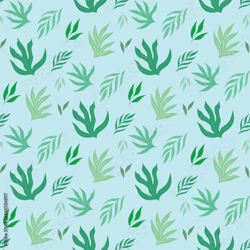 Fototapeta Naklejka Na Ścianę i Meble -  Green background with plant pattern, flat vector, leaves similar to seaweed, hand drawn