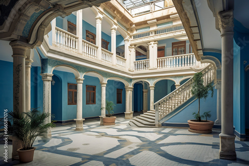Tela Serene Courtyard with Blue Walls and White Columns: A Study in Contrast, ai gene