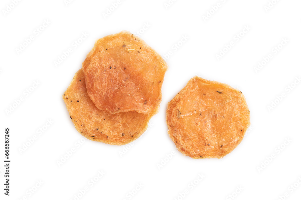 Slices of dehydrated salted meat chips isolated on white, top view Slices of dehydrated salted meat chips isolated on white, top view