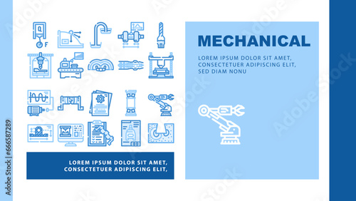 mechanical engineer industry landing web page vector. technology machine, machinery work, factory blueprint, engine construction, worker mechanical engineer industry Illustration