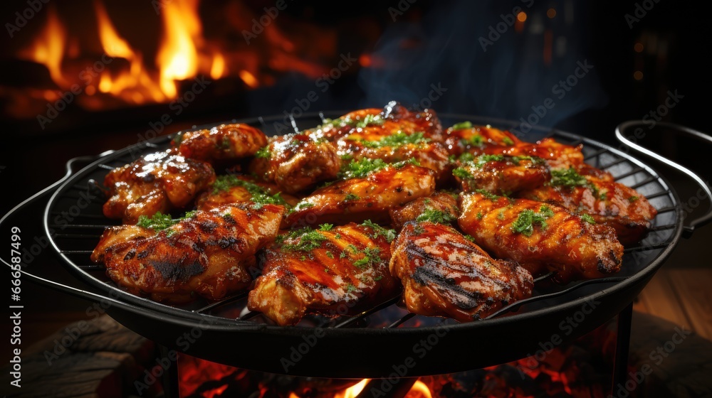 Appetizing fried meat with a golden crust and seasonings lies on a dark grill grate. Appetizing fried meat with a golden crust and seasonings lies on a dark grill grate.