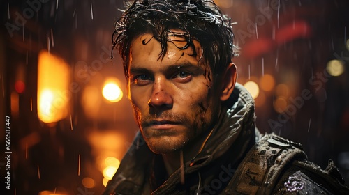 A handsome male firefighter stands against a background of flames in dirty firefighting clothing. Close-up of a man looking at the cameras.