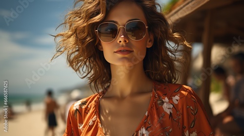 A young girl in sunglasses with beautiful curly hair rests on a sunny beach. Face close-up.