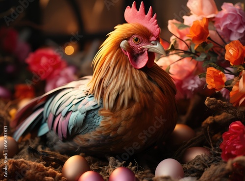 A beautiful chicken sits on a nest of branches. Easter photo wallpaper.