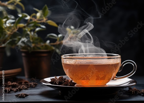 Fragrant tea in a glass cup. Theme of aromatherapy and tea ceremony.